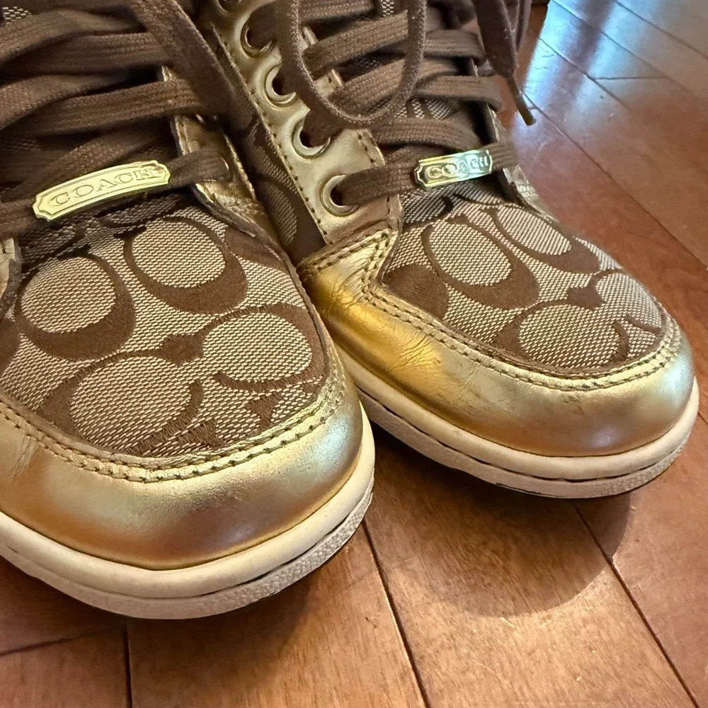 Coach Metallic Gold and Brown High-Top Sneakers - Picture 4 of 16